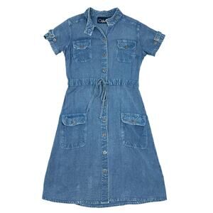 Coline Denim Look Viscose Shirt Dress Tie Waist Button Front Size S Western Boho
